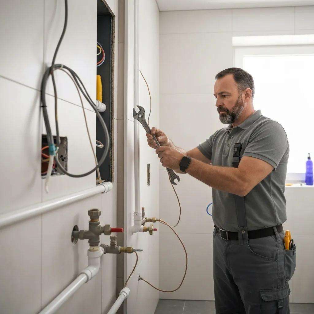 Contractor inspecting plumbing and electrical systems during bathroom renovation