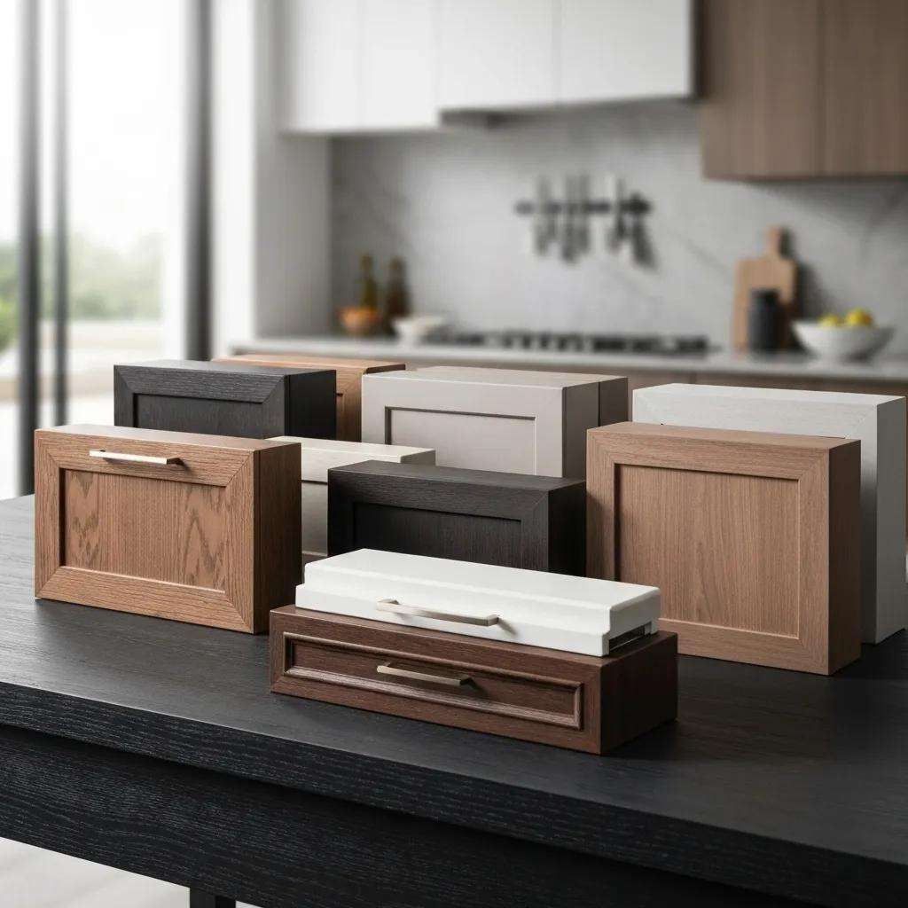 Samples of luxury kitchen cabinets from top brands showcasing various textures and finishes