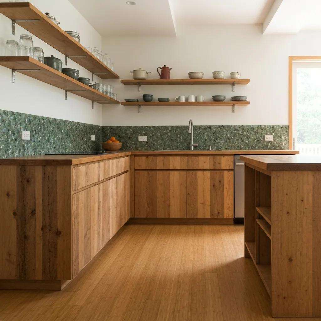 Sustainable materials for luxury kitchens including reclaimed wood and recycled glass